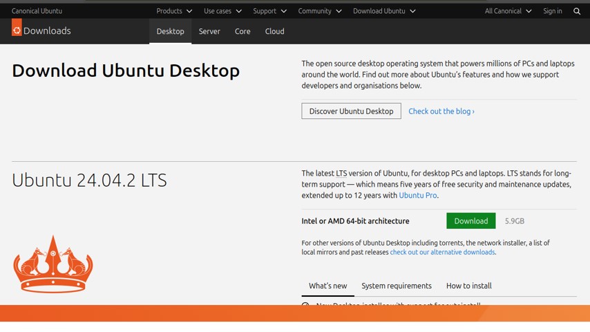 Ubuntu公式サイトのデスクトップ版ダウンロードページのスクリーンショット