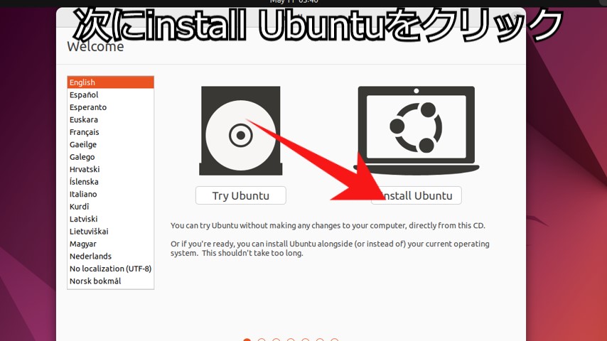 UbuntuインストーラーのセットアップTry Ubuntu/Install Ubuntu選択画面