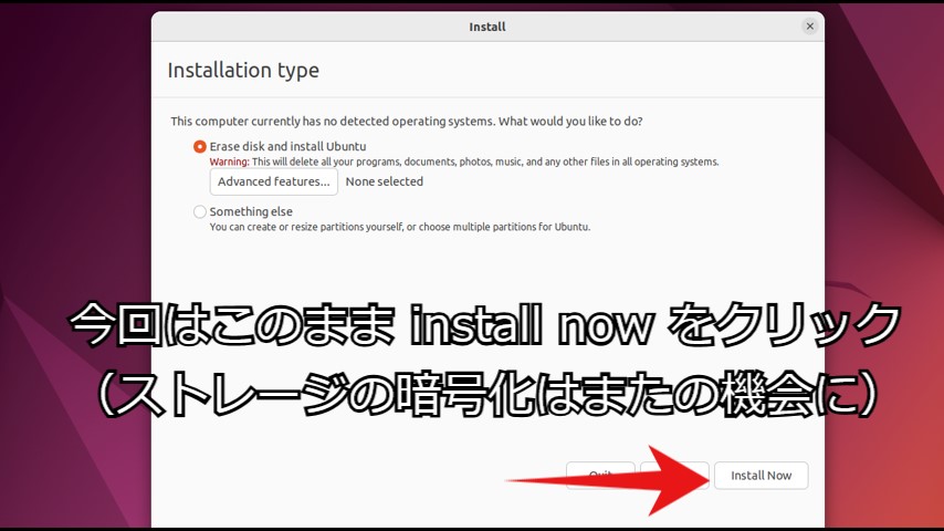 UbuntuインストーラーのセットアップInstallation type選択画面